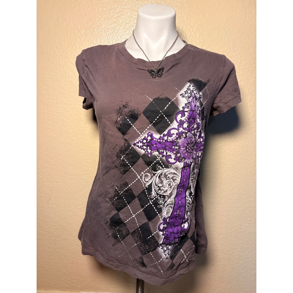 Y2K Appropriate Behavior Purple Gothic Cross Graphic Tee Short Sleeve Shirt #5